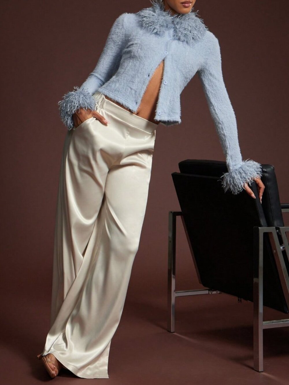 Blue Casual Women's Fitted With faux Fur Collar Knitted Cardigan - Picture 2 of 6